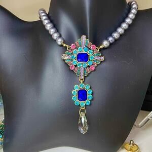 NEW Necklace Blue Rhinestone Drop Dangle Chunky Statement Costume Jewelr…